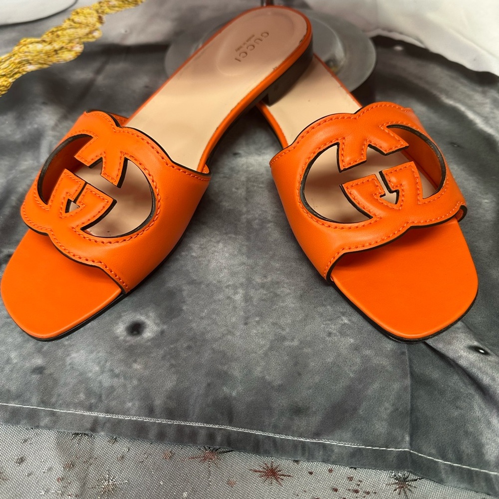 Gucci Orange Leather Slide Sandals Size 8.5